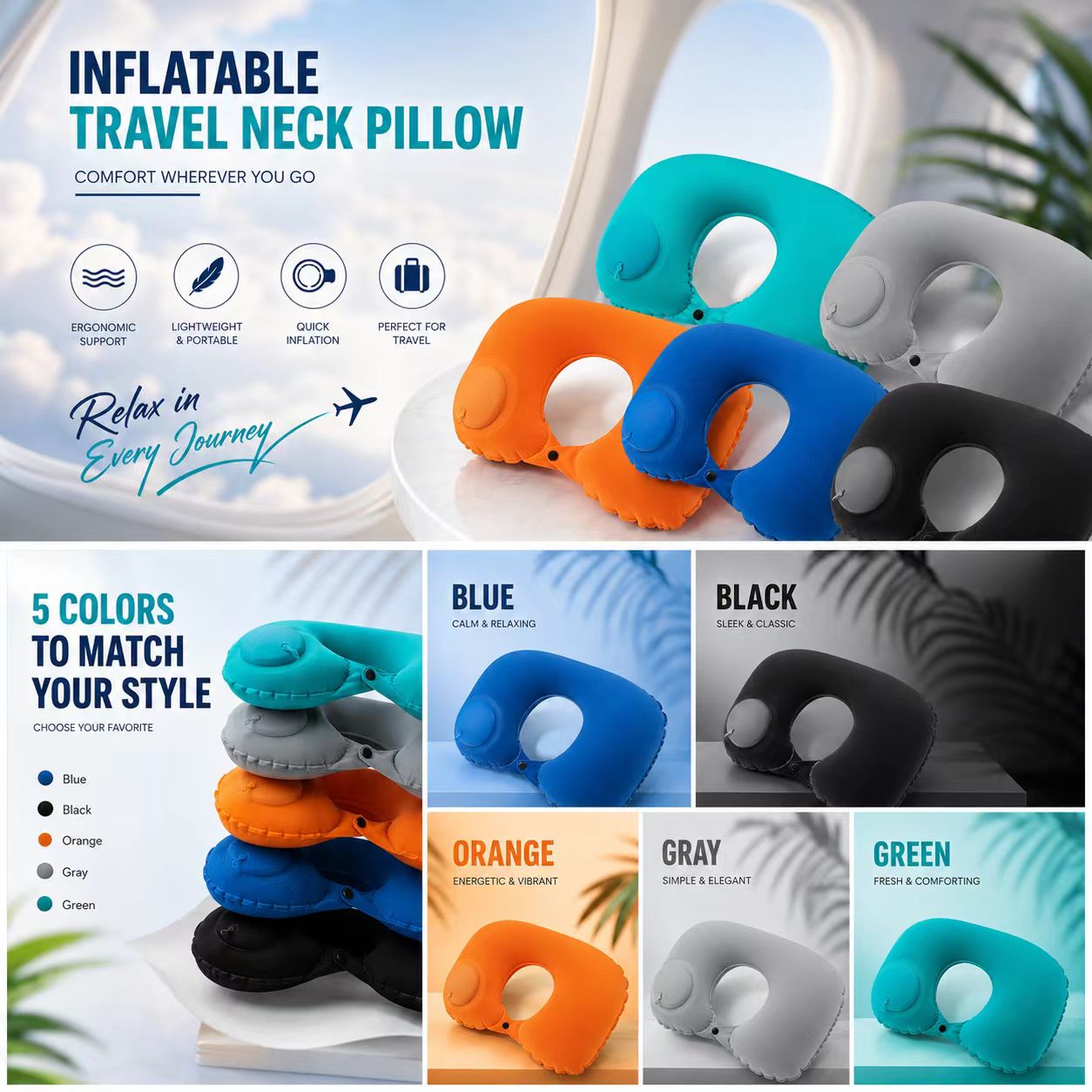 Travel Pillow Inflatable - Almofada inflável dobrável portátil de 5